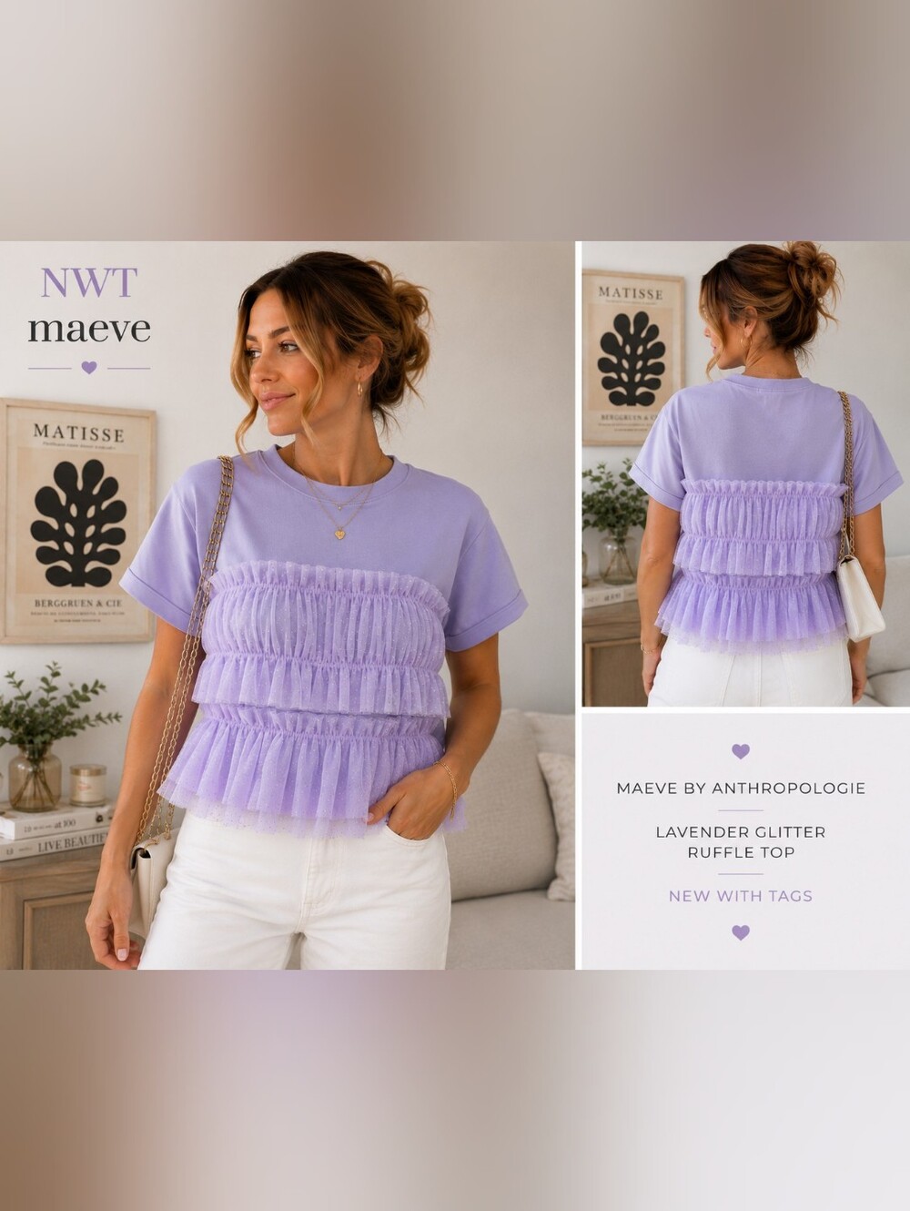 NWT Maeve by Anthropologie Lavender Glitter Tulle Ruffle Sweatshirt Top Medium